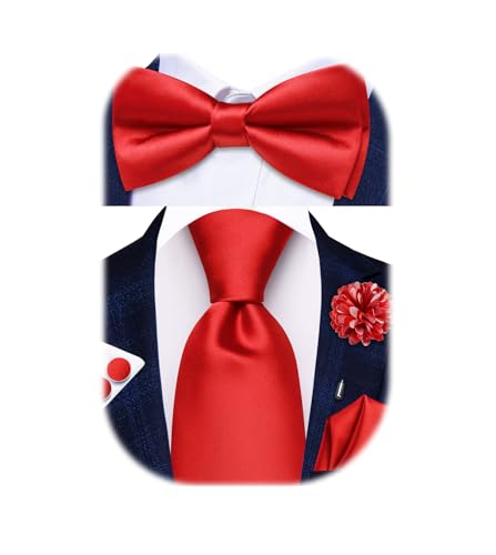 Image of Hi-Tie 5Pcs Mens Solid Color Silk Tie Satin Pretied Bowtie Lapel Pin for Men Handkerchief Cufflink Wedding Gift Box