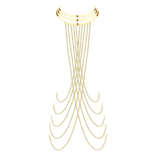 QEXUJOW Körperketten Körperbauchschmuck Mode Bikini Körperschmuck BH-Ketten Cross Body Ketten Gold Lagen Quaste Körperkette Schmuck Damen...