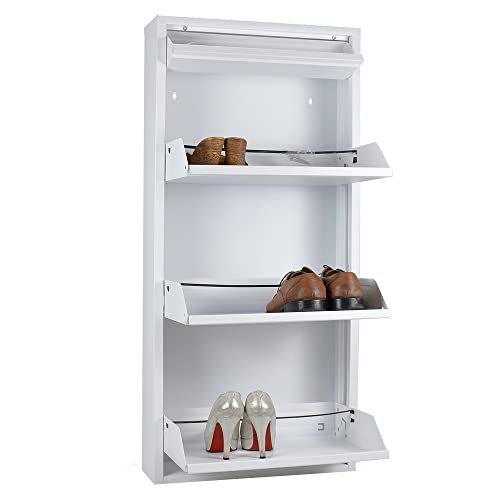 Nuevo Zapatero ¡Garantizado de por Vida! Ahorra Espacio| 3 gavetas| Blanco| con cajón Extra de Almacenamiento| Italiano| Espacio para 6-9 Pares de Zapatos y Botas (Ver vídeo) en Solo 15 cm| Acero