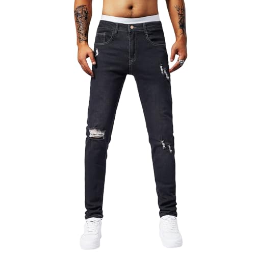 Jeans Pants Trousers Denim Men Stretch Slim Fit Trendy Street Worn Hole Wash Punched Casual Commuter Straight Leg
