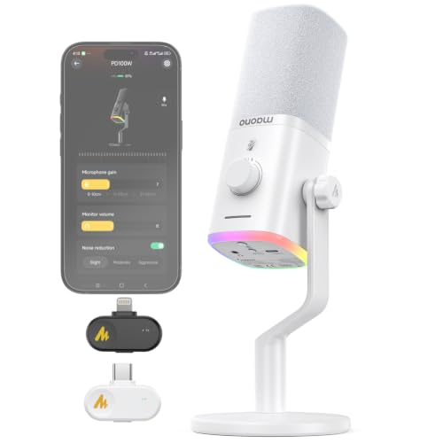 Image of MAONO PD100W Wireless Dynamic Microphone for iPhone, Android & PC (White) | USB-C & Lightning Receivers, Noise Reduction,RGB Lighting, Software EQ, for Gaming, Streaming and Content Creation