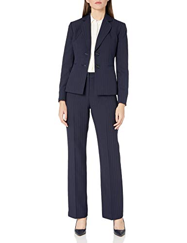 Le Suit Women's Plus Size 2 Button Notch Collar Shadow Stripe Pant Suit, Navy, 18W
