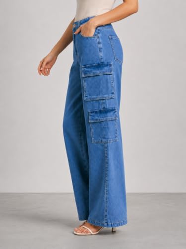 Image of GRECIILOOKS High Waist Jeans for Women - Wide Leg Straight Fit Denim | Baggy Cargo Style Casual Pants for Girls & Daily College Wear