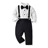 FYMNSI Anzug Kinder Jungen Festlich Baby Taufanzug Smoking Outfit Formal Hochzeit Gentleman Bekleidungsset Fliege Langarm Hemd Shirt Top Hosenträger Hose Set Herbst Kleidung Weiß + Schwarz 12-18Monate