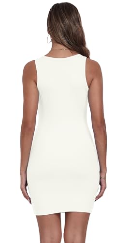 Image of Qaffier Women's Mini Dress Summer Tank Dress Ribbed Crew Neck Sleeveless Basic Bodycon Mini Dresses