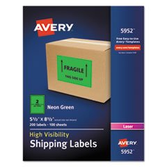 Avery Neon Shipping Label, Laser, 5 1/2 x 8 1/2, Neon Green, 200/Box