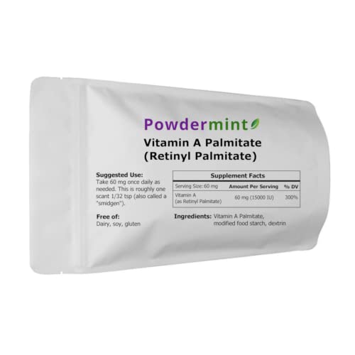 Powdermint Vitamin A Powder (Palmitate Powder, Retinyl Powder) 15000 Iu (Multiple Sizes) Non-Gmo, Vegan, Wrinkle Reduction, Skin Health - Scoop Included (25 Grams) #TOP3