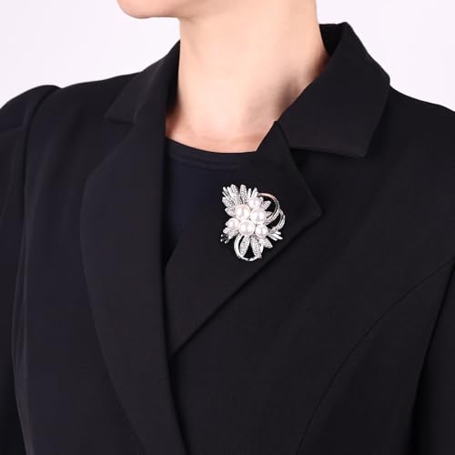 Image of Elegant Floral Brooch Pins for Women, Crystal Pearl Rhinestone CZ Flower Lapel Pin Wedding Party Exquisite Brooches and Pins for Women Ladies