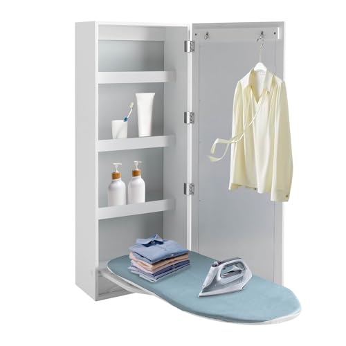 Wall Mounted Ironing Board Cabinet, Built-in Swivel Ironing Board Foldable with Storage Wall Hanging Ironing Board Cabinet with Mirror for Home Apartment Sewing Rooms Laundry Rooms White