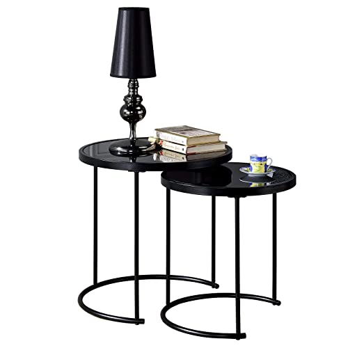 IDIMEX Lot de 2 Tables d'appoint LEYRE Tables Basses de Salon gigognes, Tables à café, Bouts de canapé Design Industriel, Plateau Rond en Verre trempé Noir Cadre en métal Noir