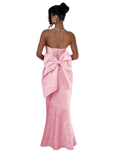 Teens Jacquard Satin Prom Dresses Strapless Mermaid Bow Back Long Formal Evening Party Gowns