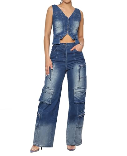 cffvdiz Womens Two Piece Sets Denim Outfit Zipper Vest Tank Top and Casual Multi-Pocket Cargo Wide Leg Jeans Suits