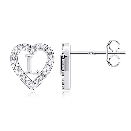 Image of Anoup Heart Initial Earrings for Girls Gifts - S925 Sterling Silver Post CZ Hypoallergenic Stud Initial Earrings for Women Teen Girls Birthday Gifts for Kids Jewelry