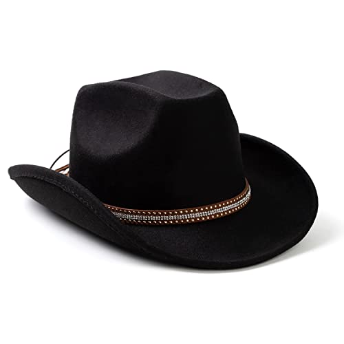 Lisianthus Men & Women's Felt Wide Brim Western Cowboy Outdoor Fedora Hats With Belt A Shiny-Black #TOP18