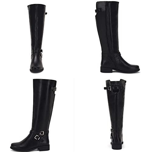 Ermonn Womens Knee High Boots Wide Calf Flat Low Heel Side Zipper Faux Leather Fashion Winter Riding Boot3