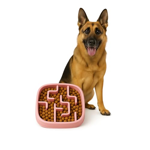 Image of Slow Feeder Bowl | Square Maze Food Bowl for Dogs and Cats | Anti Choking Puzzle Bowl | Anti Slip Interactive Feeding Dish | Durable & Easy to Clean | Anti Bloat and Aids Digestion (Pink)