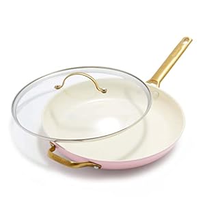 GreenPan Reserve Hard Anodized Healthy Ceramic Nonstick 12″ Frying Pan Skillet with Helper Handle and Lid, Gold Handle, PFAS-Free, Dishwasher Safe, Oven Safe, Blush Pink
