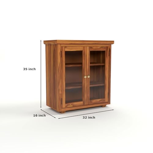 Image of Solid Sheesham Wood Sideboard Cabinet for Living Room | Wooden Storage Cabinet with 2 Acrylic Glass Doors & Shelves | Modern Display Sideboard for Home (Honey Finish)