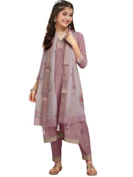 Image of Girls A-line Silk Embroidered Kurta and Pant Set with Dupatta for festive wedding and casual wear