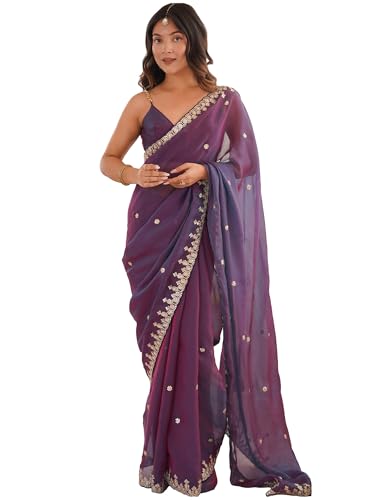 Image of AKHILAM Women's Shimmer Chiffon Sequence Embroidery Saree With Unstitched Blouse Piece(AARYAN21601 KR Parent)