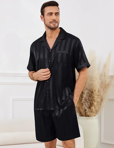 SWOMOG Mens Satin Pajamas Set Silk Pj Sets Short Sleeve Button Down 2 PCS Sleepwear with Drawstring & Pockets S-3XL3
