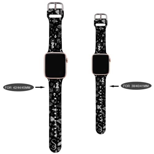 Compatible With Goth Gothic Black Apple Watch 38/40/41/42/44/45mm For Women Men,Soft Silicone Halloween Gifts Decorations Replacement Wristband Band For Iwatch Series 7 6 5 4 3 2 1 SE.42mm/44mm/45mm