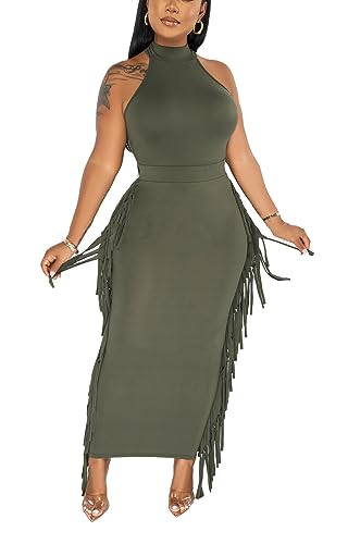 Image of YUEWOO 2 Piece Outfits for Women Sexy Crop Top Ruched Bodycon Maxi Dresses Fringe Skirt Sets Night Club Jumpsuits