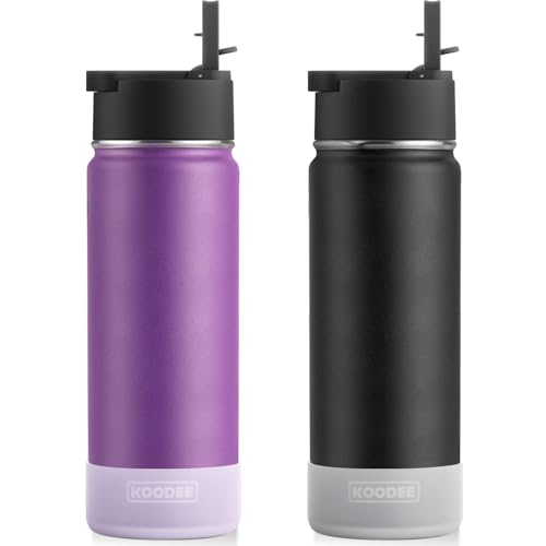 Image of koodee 2 Pack Water Bottle With Straw 26 oz Stainless Steel Insulated Wide Mouth Water Bottle for Adult Reusable BPA Free (Purple-Black)