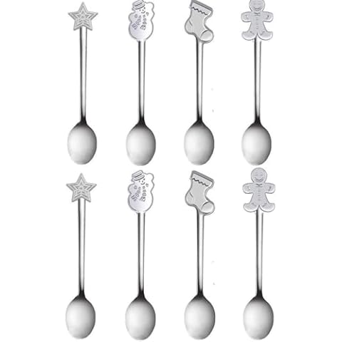 Eshylala 8 Pack Creative Christmas Spoon Stainless Steel Coffee Spoon Christmas Stirring Spoon Tea Spoon Soup Spoon, 5 Inch Cover
