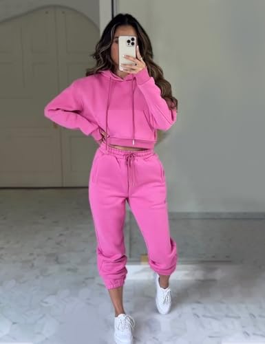 Flygo Womens Fleece 2 Piece Outfits Sweatsuit Crop Pullover Sweatshirt Joggers Pants Tracksuit Set