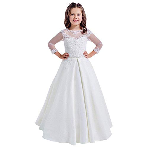 HEVECI White Holy Communion Dresses for Girls Long Sleeves Flower Girl Dress for Wedding