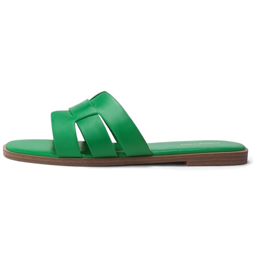 Image of Flat Sandals for Women Comfortable Slip On Dressy Summer Leather Slides with Square Open Toe