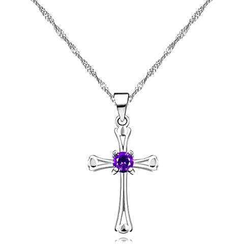 Tobestu Charms Cross Pendant Necklace with Cubic Zirconia, Platinum Plated Stainless Steel Christian Jewelry for Women ZY061 (Purple) Cover