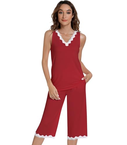Image of NACHILA Pajamas Set for Women-Viscose Made from Bamboo, Lace V Neck Pj Tank Top Capri Pants Sleeveless Pjs Soft Sleepwear