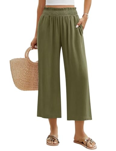 PASUDA Pantalones Lino Mujer Cómodos 3/4 Pantalon Verano Anchos Ligero Algodón Lino Pantalón Alta Cintura Elasticos Casual Pantalon con Bolsillos Pantalones Fluido Frescos (Verde, XXL)