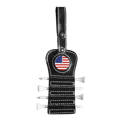 VEASAERS Golf Tee Holder with USA Ball Marker 4 Pcs White Wood Tees, Portable Hold Different Tee Leather Gift Hook Hanging Clip to Golf Bag Belt (Black)