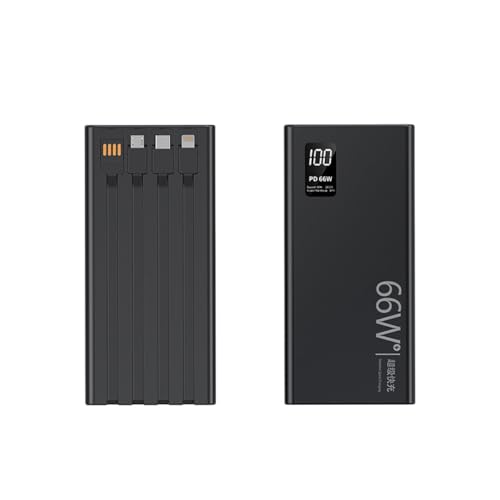 Power Bank con 4 cavi integrati, 20000 mAh, ricarica rapida, caricabatterie portatile per telefono, 66 W PD USB C, 2 ingressi USB 2 uscite tipo C per iPhone/iPad/Samsung/dispositivi Android (nero)