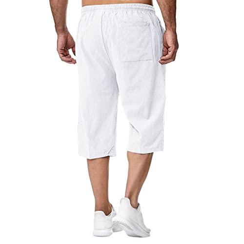 Mens Cotton Linen Casual Pants Elastic Waist Drawstring Trousers Yoga Beach Summer Pants Seven-Point Sweatpants2