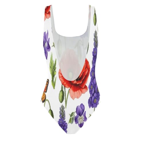 Botanical Wildflowers Red Poppies Women's Swim Suits, Open Back Swimsuit Aesthetic One-Piece Swimsuit4