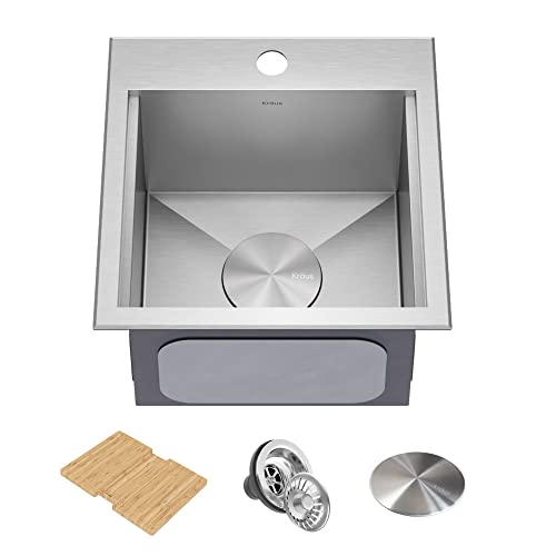 Kraus KWT321-15-316 Kore Outdoor Workstation Drop-In 16 Gauge Marine Grade T-316 Stainless Steel Square Single Bowl Kitchen Bar Sink with Accessories, 15 x 15 Inch