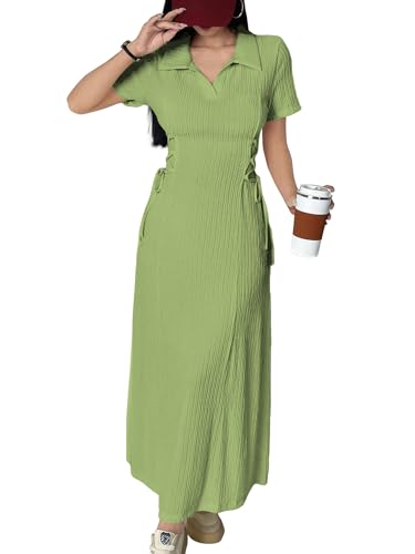 Image of Shasmi Women's Solid Color Applique Lace-Up Collared Short Sleeve, Side-Tie Waist Long Casual Maxi Women Dress Outfit Long Evening Midi Western Party Dress for Women (Dress 211)