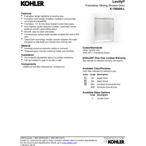 Kohler Levity® Sliding Shower Door, 74-In H X 56-5/8 - 59-5/8-In W, With 1/4-In Thick Crystal Clear Glass With Vertical Blade Handles, Matte Nickel #TOP1