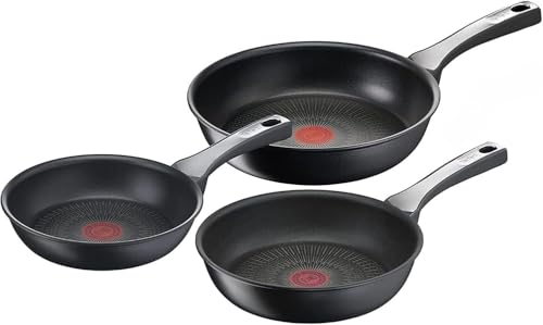 Tefal Unlimited On - Juego de 3 Sartenes 20/24/28 cm, Apto inducción, antiadherente, revestimiento titanio, Thermo-signal, sin PFOA, apto lavavajillas y horno, acero inoxidable