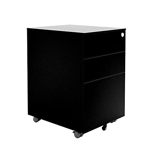 Image of Vari Essential File Cabinet - Home Office Filing Cabinet with Three Drawers for Storage - Metal Storage Cabinet with Roll-and-Lock Caster Wheels & Lockable Top Drawer - Fully Assembled (Black)