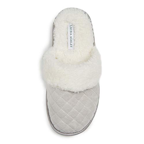 Laura Ashley Ladies Spa Diamond Velour Terry W/Faux Fur Slippers Grey