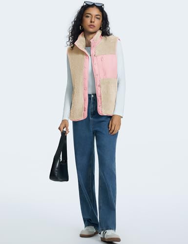 Kistore Fellweste Damen Teddy-Fleece Casual Leicht Stehkragen Lang Weste Outdoor Reißverschluss Gilets Damenweste(Apricot Rosa,XL)