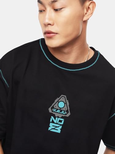 Image of crazymonk Men's Cotton Printed Kaiju No.8 Oversized Black T-Shirt
