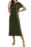 Womens Short-Sleeve Crewneck Maxi Dress Casual Side Split Beach Boho Long Dress Army Green