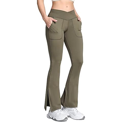 CROSS1946 Bootcut Yoga Pants with Side Pockets for Women, Bootleg Yoga Pants Tummy Control, High Waisted Yoga Trousers Suitable for Office, Gym, Casual, Jogging, Yoga Green Cover