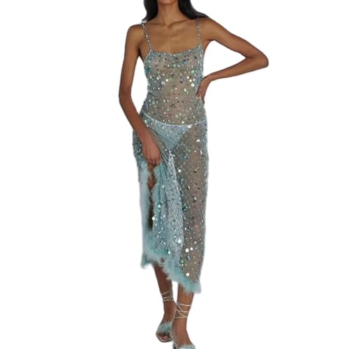 SOLILOQUY Women Sequin Maxi Dress Fearther Trim Spaghetti Strap Glitter High Slit Evening Robe Summer Beach Cover-up Dress